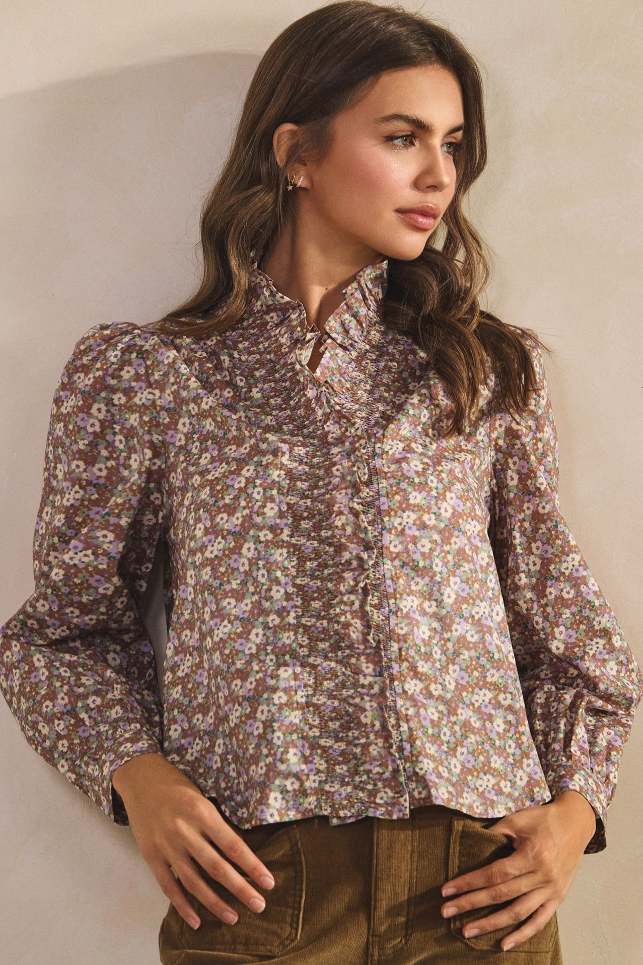 8008 RUFFLED NECK FLORAL BUTTON DOWN BLOUSE