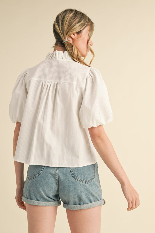 5001 WHITE RUFFLE BUTTON DOWN TOP