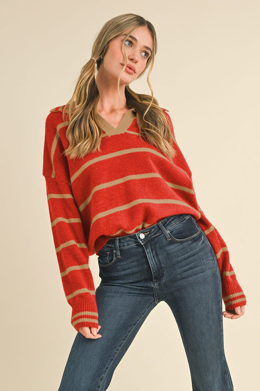 5066 RED CAMEL STRIPED COLLAR SWEATER