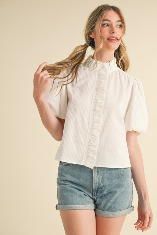 5001 WHITE RUFFLE BUTTON DOWN TOP